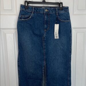 ZARA CLASSIC BLUE DENIM MIDI SKIRT WITH ZIP & BUTTON FLY SZ L